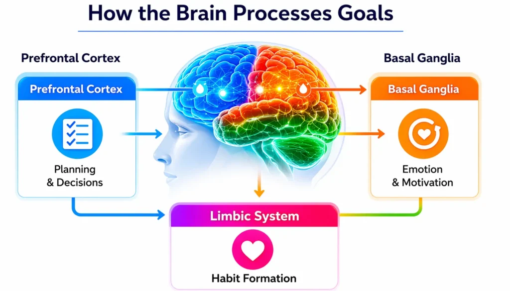 How the brain processes goals using prefrontal cortex limbic system and basal ganglia for planning emotion and habit formation