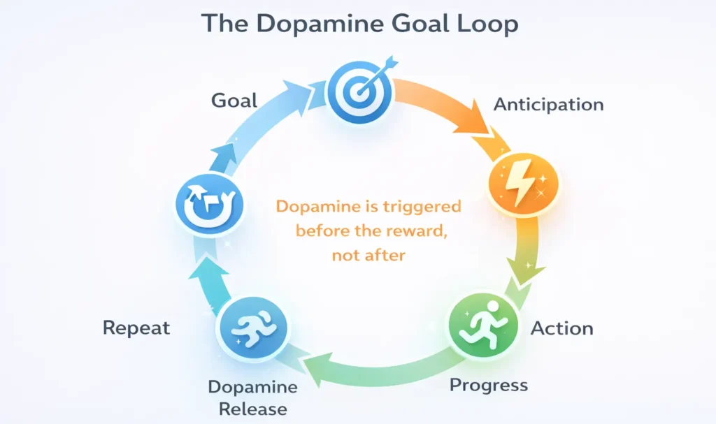 Neuroscience-backed goal dopamine loop showing anticipation action progress reward and habit reinforcement cycle