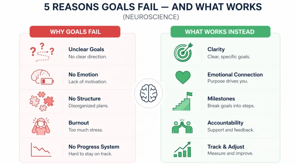 Neuroscience-backed goal infographic explaining five reasons goals fail and brain-based strategies that improve execution and clarity
