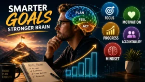Neuroscience-backed goal setting for entrepreneurs showing brain-based planning, motivation, progress tracking, and accountability framework