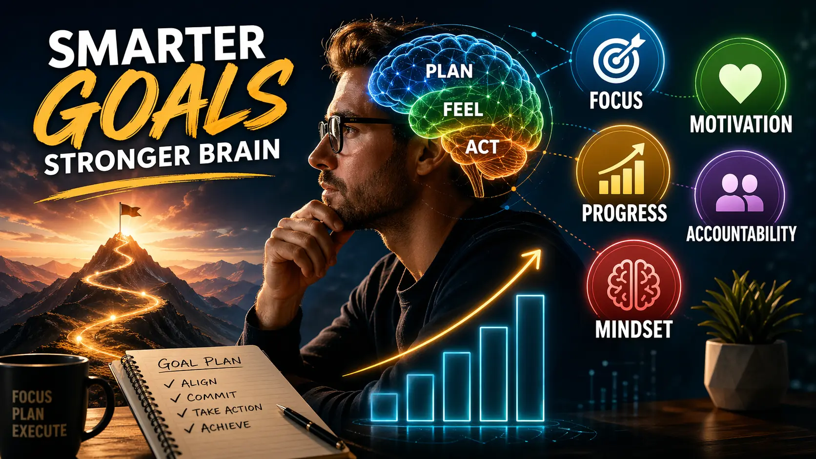 Neuroscience-backed goal setting for entrepreneurs showing brain-based planning, motivation, progress tracking, and accountability framework