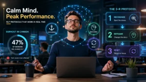 Tech professional using NLP stress management techniques in a Canadian office, showing anchoring, reframing, and the 3-R protocol to reduce burnout and improve team performance