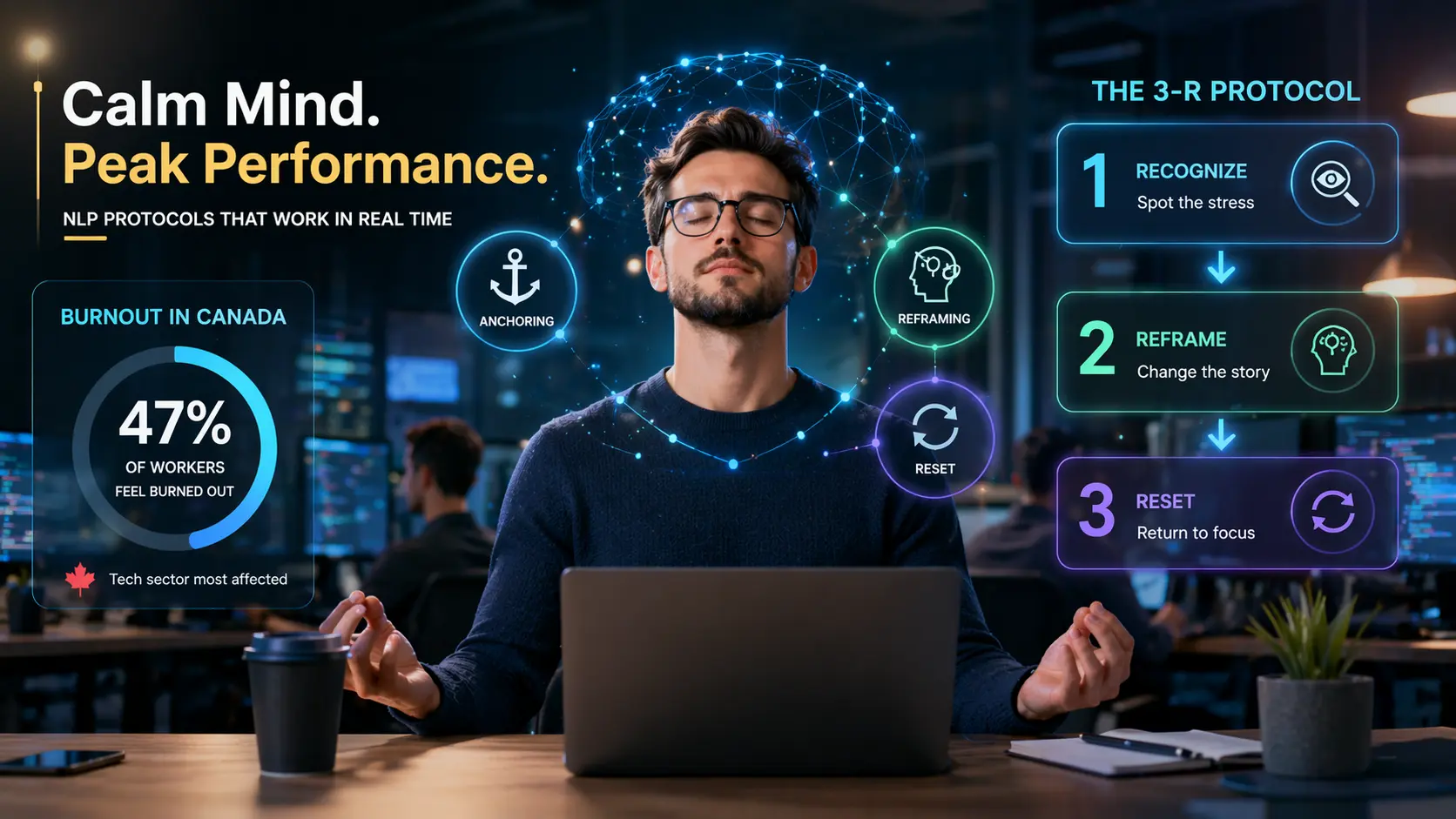 Tech professional using NLP stress management techniques in a Canadian office, showing anchoring, reframing, and the 3-R protocol to reduce burnout and improve team performance