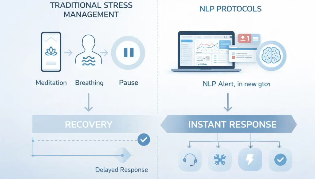 Comparison infographic showing traditional stress management recovery methods versus real-time NLP protocols for Canadian tech teams under pressure