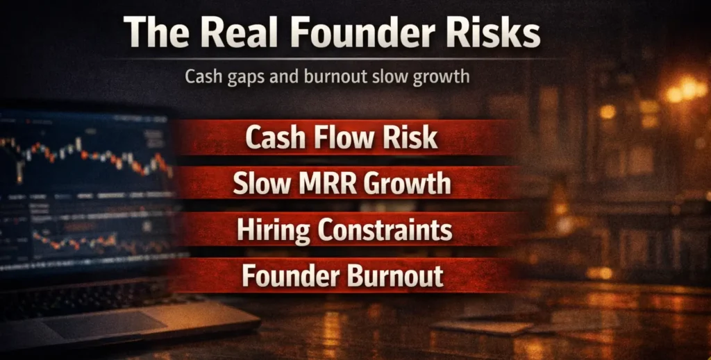 SaaS founder risks infographic showing cash flow challenges, slow MRR growth, hiring constraints, and founder burnout in startup scaling
