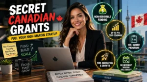 Feature image of a confident Canadian woman founder reviewing government grants for high-margin startups, including SR&ED credits, IRAP funding, non-repayable grants, and 75% project cost coverage in Canada