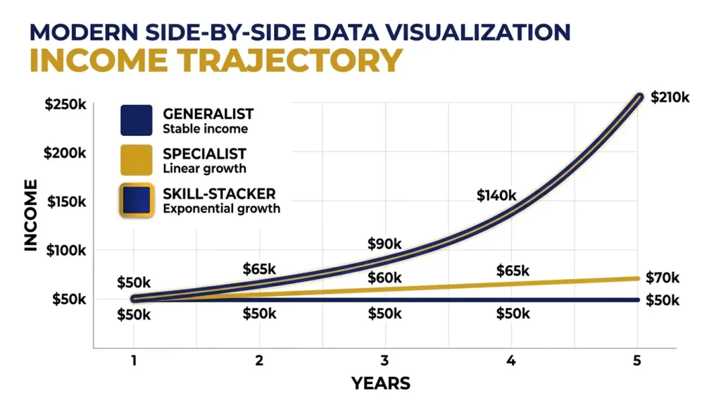 skill stacking income growth graph showing exponential earnings compared to specialist and generalist career paths