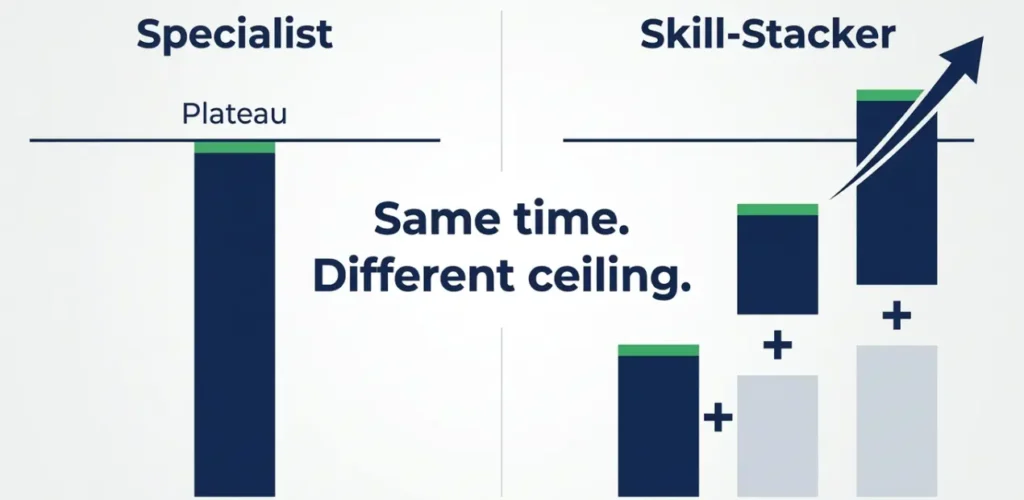 skill stacking vs specialization income comparison showing higher earning potential and growth ceiling for entrepreneurs