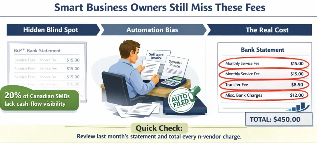 Infographic showing why business owners miss hidden bank fees: blind spot, automation bias, and compounding costs with a statement review call-to-action.