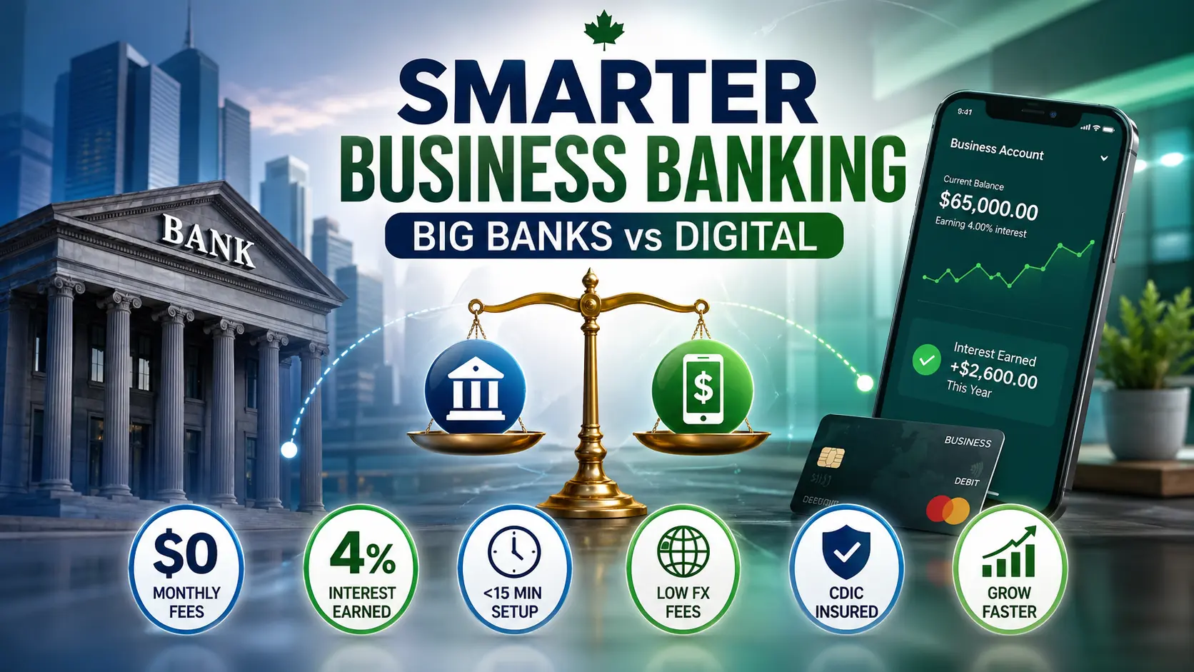 Smarter business banking comparison showing big banks vs digital banking with 4% interest, zero fees, and faster growth for Canadian businesses