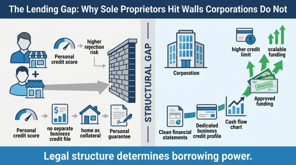 Lending gap between sole proprietors and corporations in Canada showing credit limit and funding differences