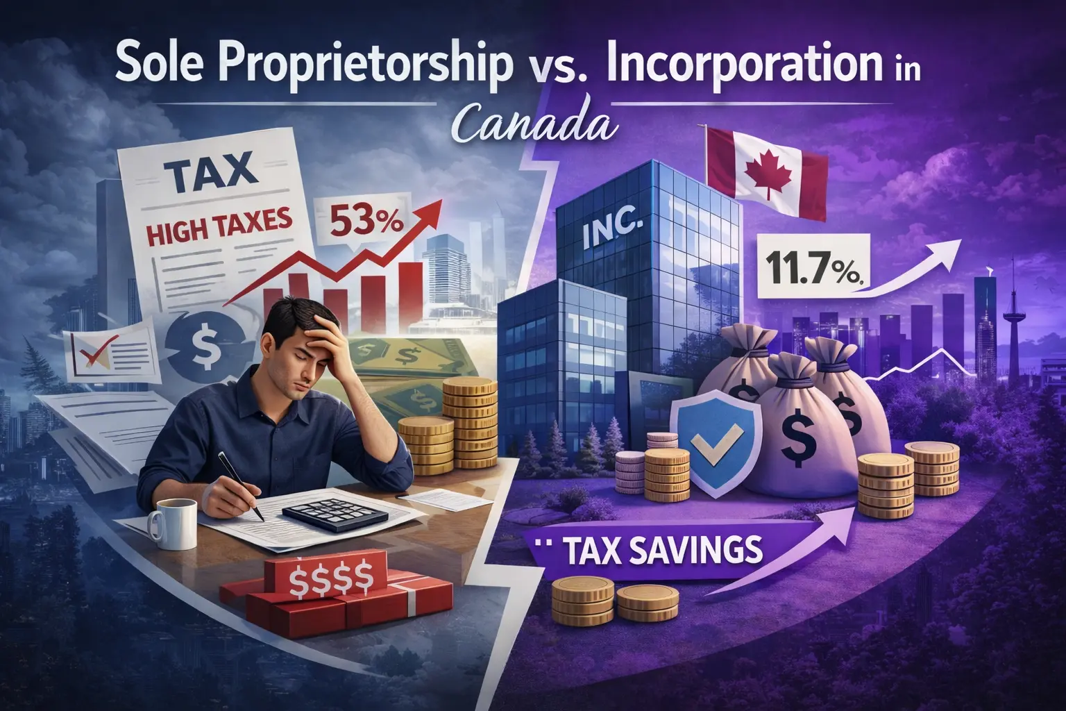 Sole proprietorship vs. incorporation in Canada 2026 tax comparison showing $120,000 profit and corporate tax savings