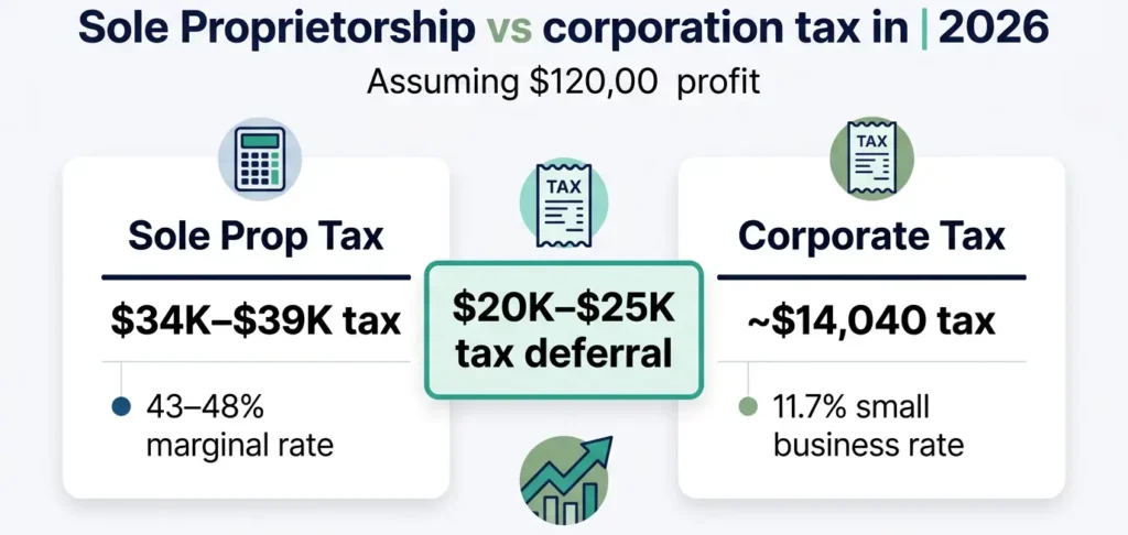 Visual comparison of sole proprietorship and incorporation tax savings in Canada with lower corporate tax rate benefits