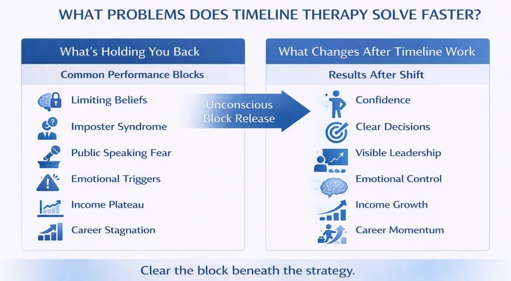 Infographic showing how Timeline Therapy clears limiting beliefs, imposter syndrome, emotional triggers, and career stagnation