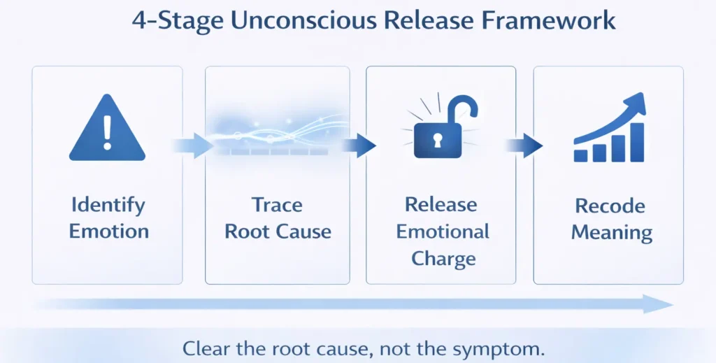4 stage Timeline Therapy framework infographic showing identify emotion, trace root cause, release emotional charge, and recode meaning