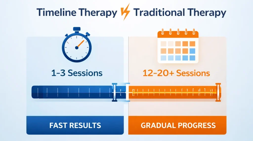 Infographic comparing Timeline Therapy 1 to 3 sessions vs traditional therapy 12 to 20 sessions for faster results