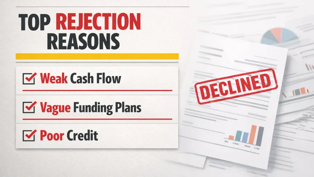 Top reasons for business loan rejection in Canada including weak cash flow, vague funding plans, and poor credit score with declined application concept