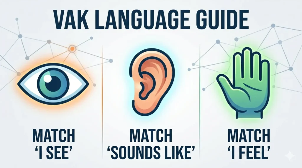 VAK language guide infographic showing visual, auditory, and kinesthetic communication styles with icons for eye, ear, and hand, explaining match ‘I see’, ‘sounds like’, and ‘I feel’ language patterns