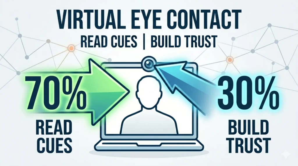 Virtual eye contact 70 30 rule infographic showing how to read cues and build trust in online meetings