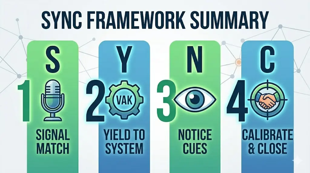 Virtual sales calls NLP sync framework showing signal match, yield to system, notice cues, and calibrate close steps for instant rapport