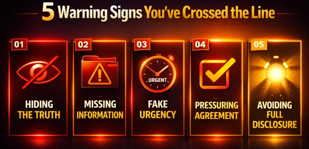 Infographic showing five warning signs of manipulative influence including hidden truth, fake urgency, and pressure tactics