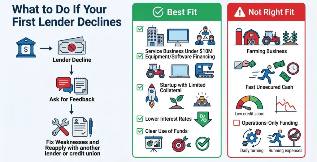 What to do if business loan is declined in Canada including asking lender for feedback improving weaknesses and reapplying with another lender or credit union