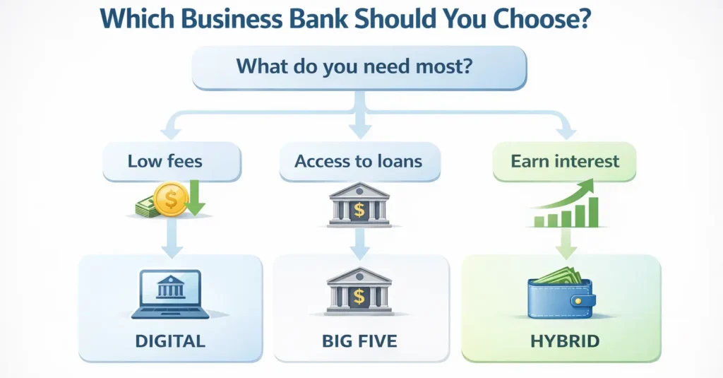 Flowchart showing how to choose a best business bank based on low fees, access to loans, or earning interest with options digital big five or hybrid banking