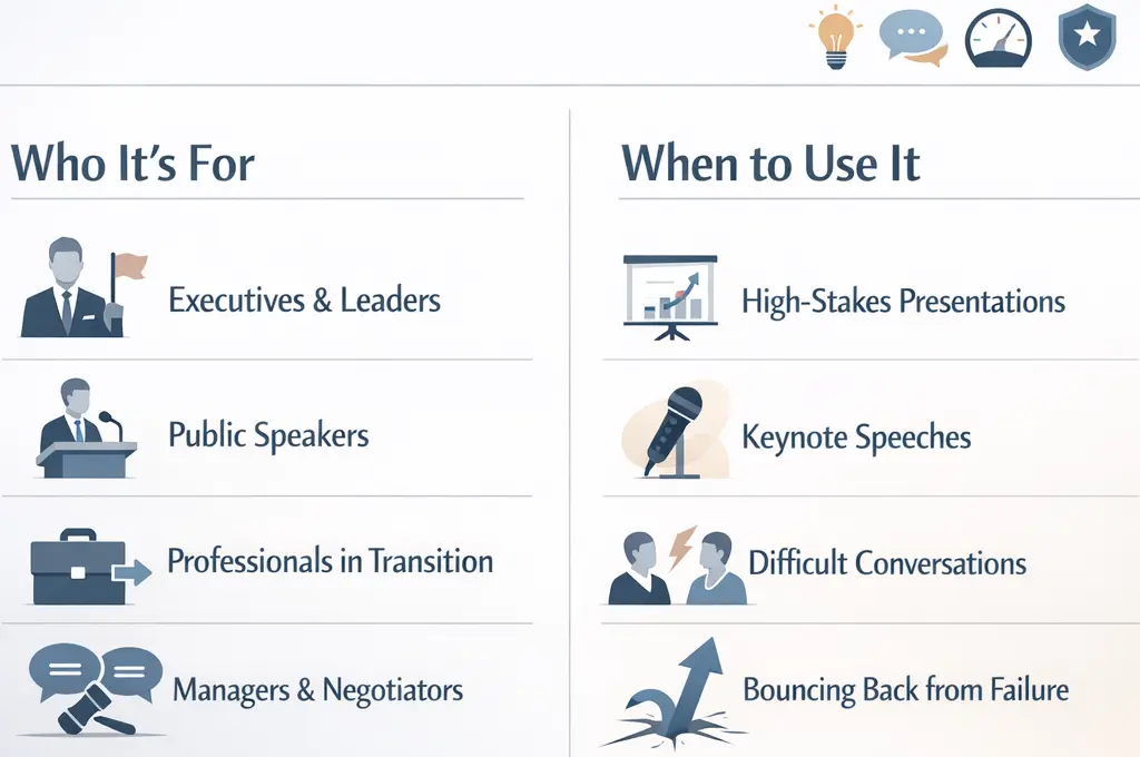 infographic showing who should use behavioral anchoring including executives leaders and professionals and when to use it in high pressure situations