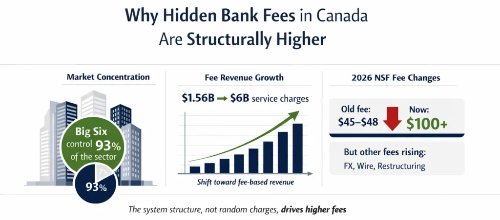 infographic explaining why hidden bank fees in Canada are structurally higher due to Big Six market concentration, rising fee-based revenue, and 2026 NSF fee changes affecting small business banking costs