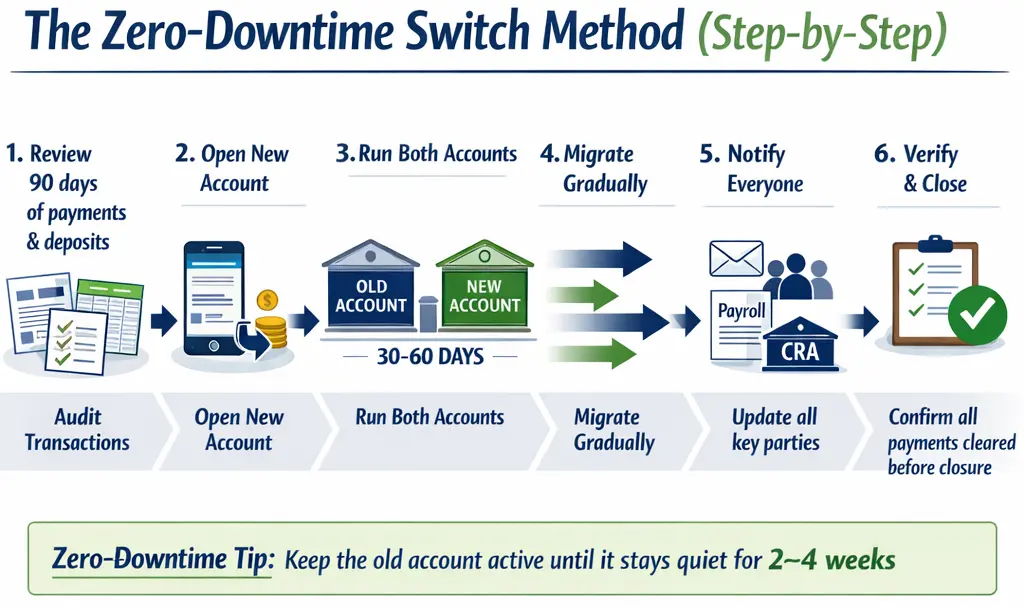 Step-by-step method to switch Canadian business banks with zero downtime and no payment disruption