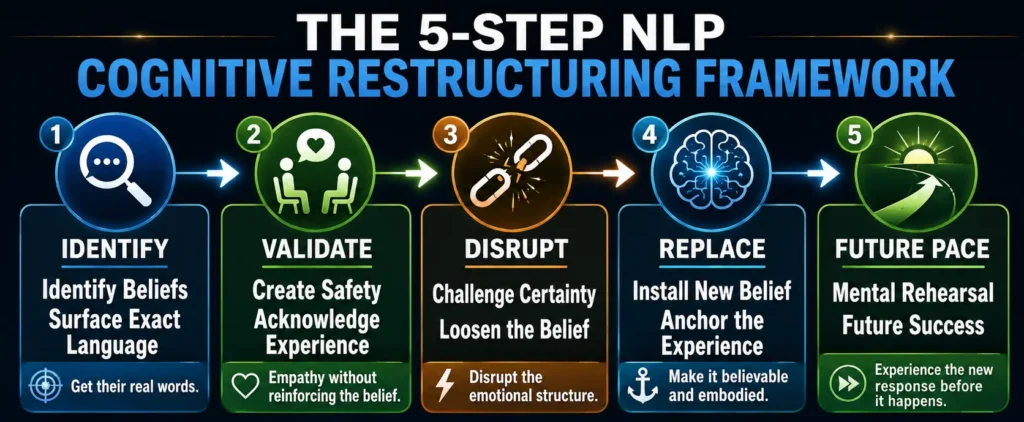Infographic outlining a 5-step NLP cognitive restructuring framework: identify beliefs, validate experiences, disrupt limiting patterns, replace beliefs, and future pace success for lasting transformation.