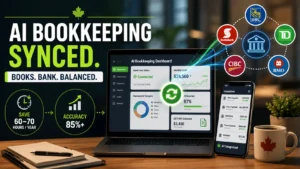 AI bookkeeping dashboard syncing Canadian bank feeds with automated expense tracking and financial insights