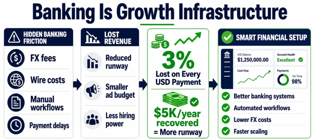 Infographic showing how hidden banking fees and payment friction reduce startup growth, while optimized cross-border banking systems improve cash flow, lower FX costs, and increase runway.