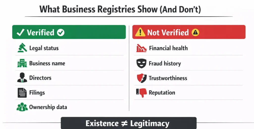 infographic comparing what business registries verify such as legal status and ownership versus what they do not verify like financial health fraud history and reputation