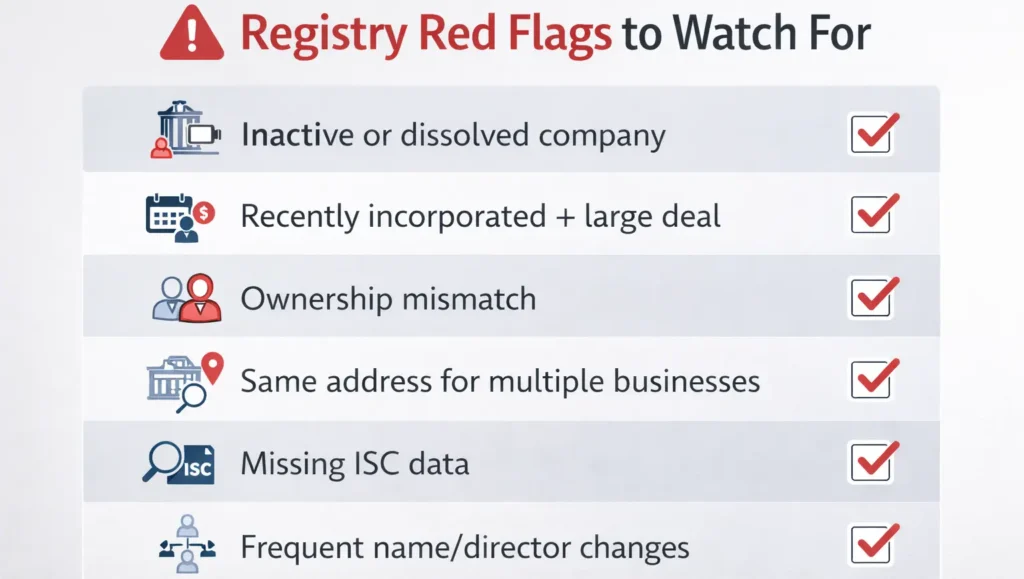infographic listing business registry red flags including inactive company ownership mismatch shared address missing data and frequent director changes
