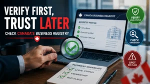 infographic showing how to verify a business in Canada using the business registry including legal status ownership and red flag checks