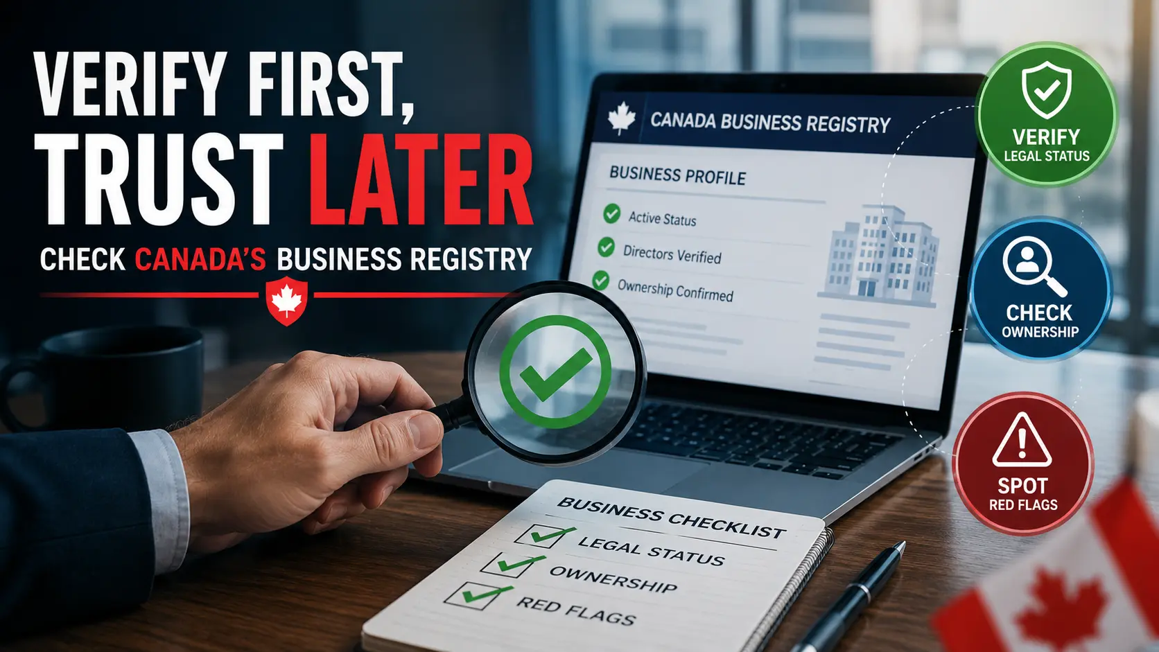 infographic showing how to verify a business in Canada using the business registry including legal status ownership and red flag checks