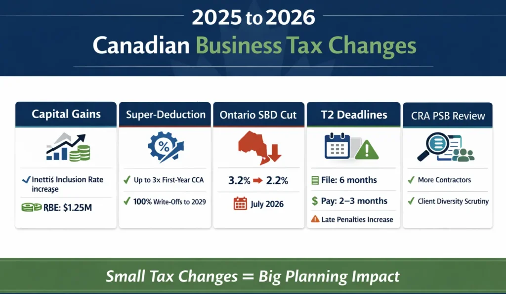 infographic summarizing major Canadian business tax changes for 2025 and 2026 including capital gains rules deductions SBD rates T2 deadlines and CRA scrutiny