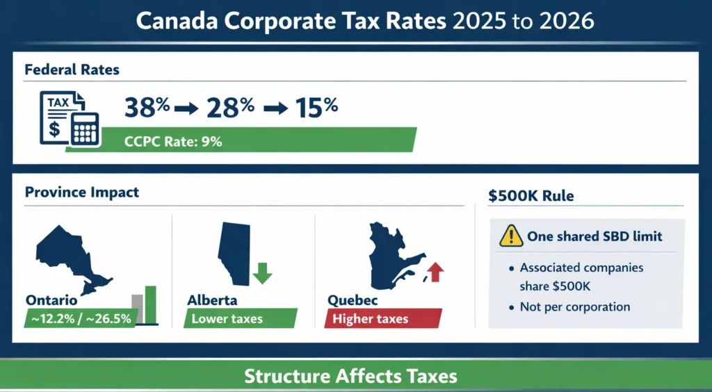 infographic showing Canada corporate tax rates provincial differences and shared 500k small business deduction limit for corporations