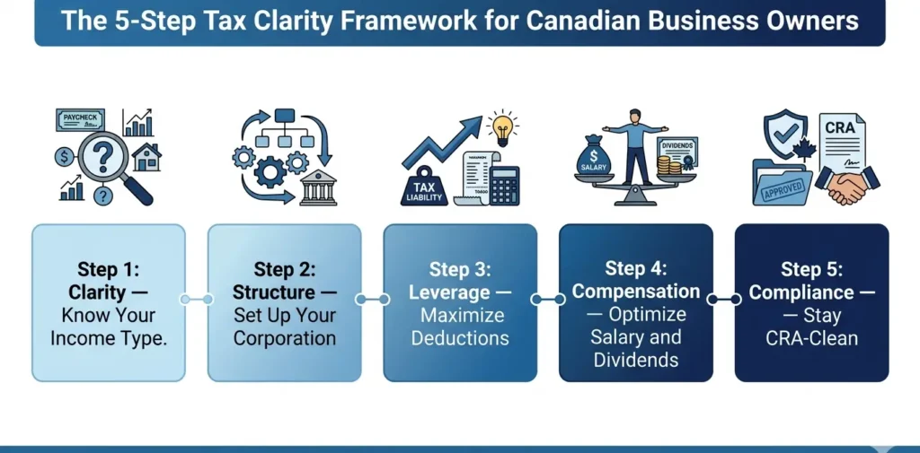 Canadian business tax clarity framework showing 5 steps for tax planning and CRA compliance.