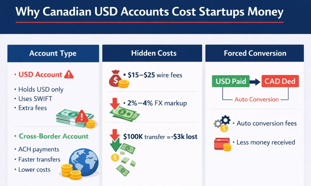 Infographic showing how Canadian USD accounts create hidden fees, FX losses, and forced conversion costs for startups compared to cross-border accounts.