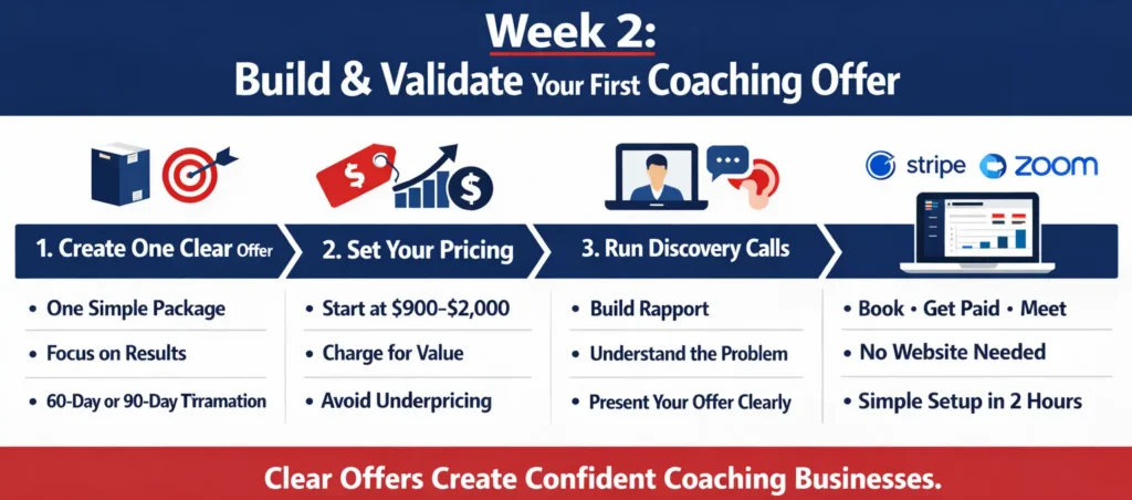 Infographic showing Week 2 steps to launch your coaching business by creating an offer, setting pricing, and validating with discovery calls.