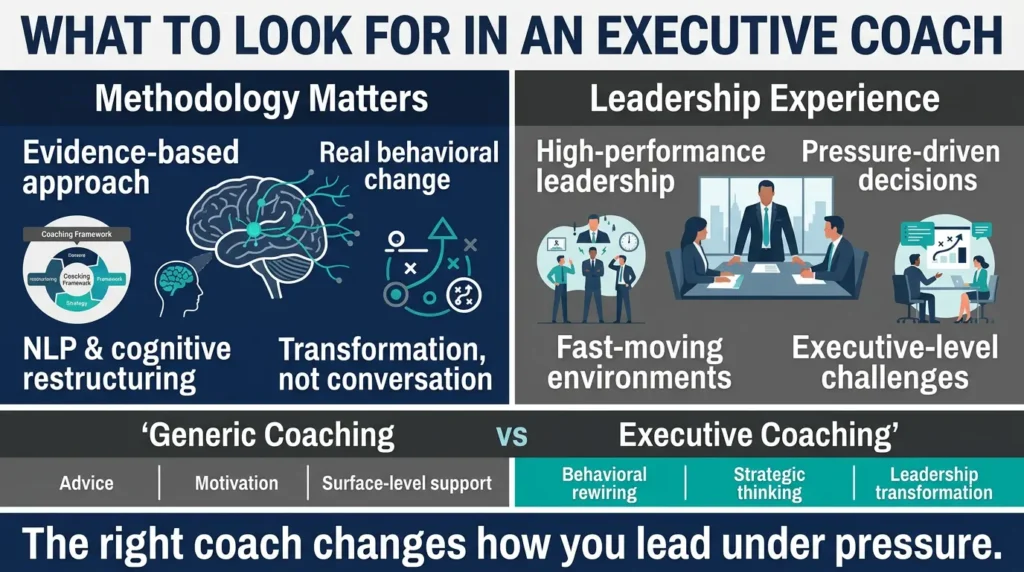 Executive coach infographic comparing coaching methods, leadership experience, and transformation