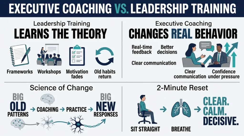 Executive coaching vs leadership training infographic showing behavior change and decision-making