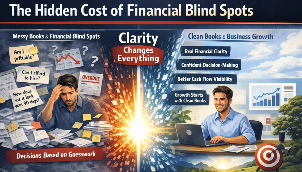 Split-screen infographic showing messy bookkeeping and financial stress transforming into clean books, clarity, and business growth.