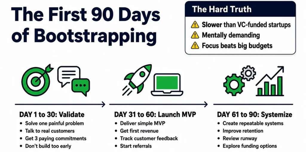 First 90 days of bootstrapping roadmap showing validate, launch MVP, and systemize phases!