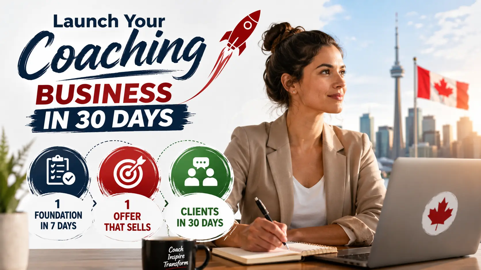 Entrepreneur coach working on a laptop with infographic icons showing foundation setup, offer creation, and client growth for launching a coaching business in Canada within 30 days.