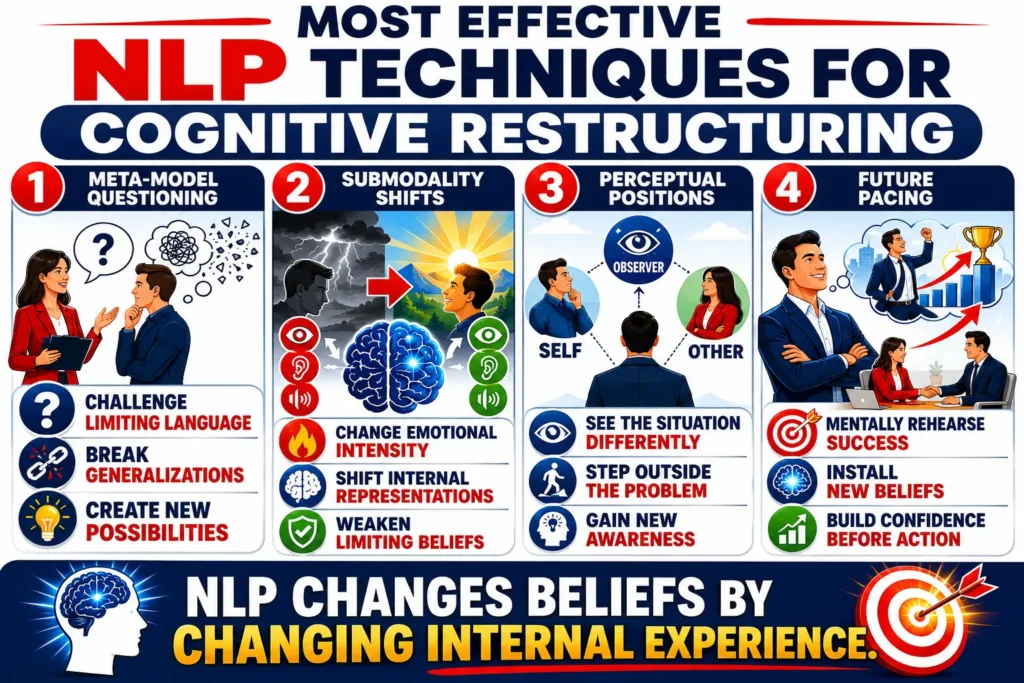 Infographic showing NLP techniques for cognitive restructuring and belief transformation success.