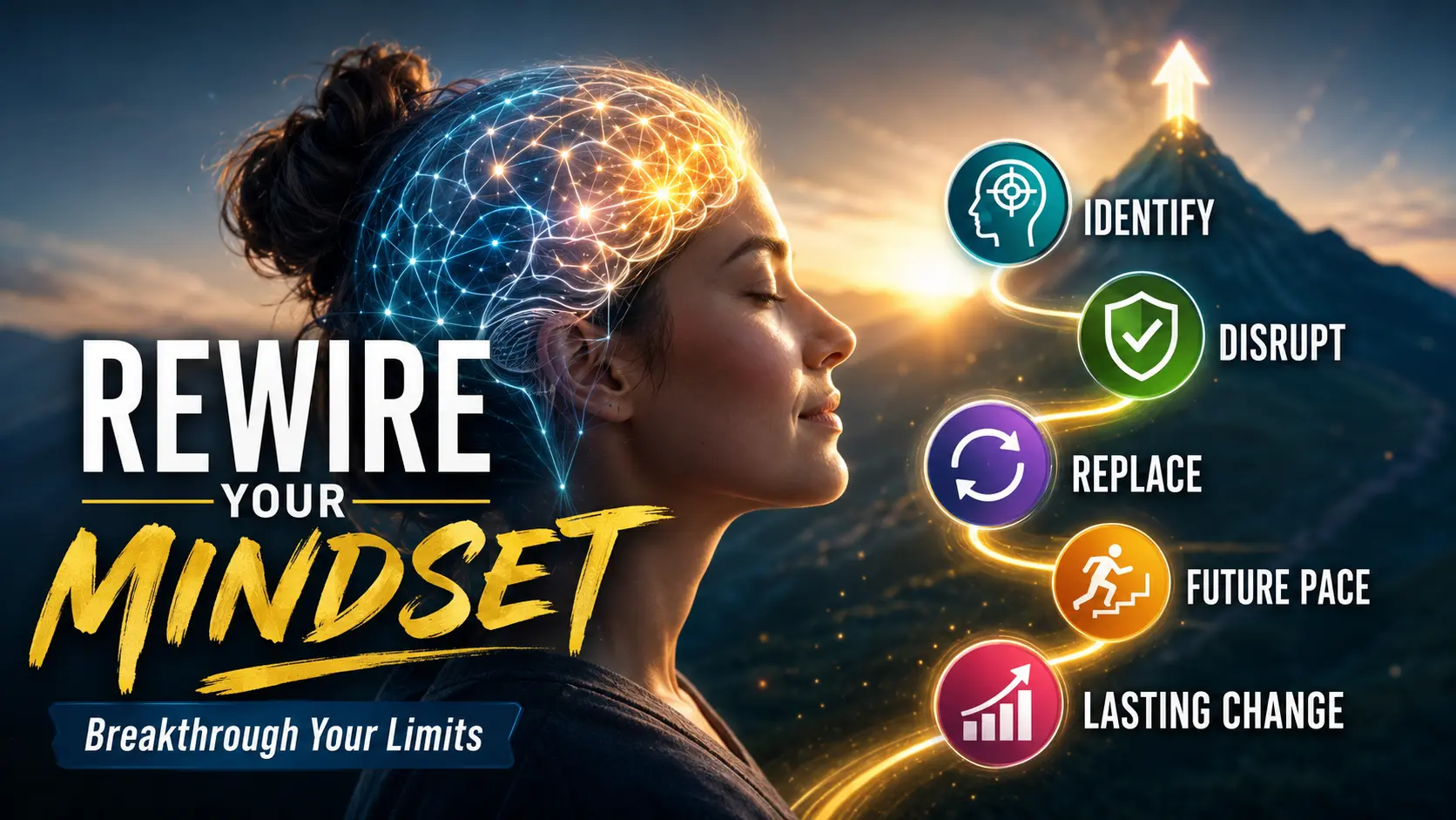 Woman with glowing neural brain pathways and infographic icons illustrating NLP cognitive restructuring, mindset transformation, belief change, and coaching breakthroughs.