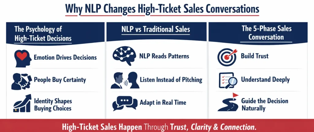 Infographic showing how NLP improves trust, clarity, and high-ticket sales conversations